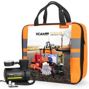 VCANENERGY Car Emergency Safety Kit Bag with Portable Air Compressor, Jumper Cables,First Aid Kit, Tire Pressure Gauge, Auto Vehicle Safety Road Side Assistance Kits Essentials,for Women, Men, Teen