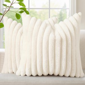 decorUhome Fall Faux Fur Throw Pillow Covers 18x18 Set of 2 Cream White | Decorative Soft Cozy Striped Plush Modern Farmhouse Boho Couch Pillow Cases Velvet Back for Sofa Bed Living Room Home Decor