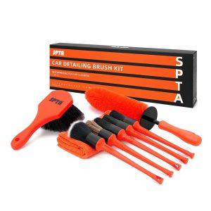SPTA 8Pcs Wheel & Tire Brush Car Detailing kit, Easy Reach Wheel and Rim Brush, 5pcs Detailing Brushes, Short Handle Cleaning Brush, 1pc Microfiber Cleaning Cloth, Great to Clean Dirty Tires