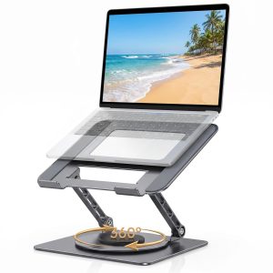 Aluminum Laptop Stand for Desk, Heavy Duty Computer Stand with 360° Rotating Base, Ergonomic Adjustable Height Notebook Riser, Compatible with MacBook Pro/Air, Dell, HP, 10-17” Laptops - Grey