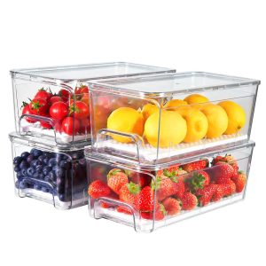 4-Pack Refrigerator Drawer Organizer Bins, Clear Stackable Pull Out Fridge Organizers and Storage Container, with Strainer Layer for Fruits, Vegetables, Drinks, Snack and Food