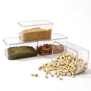 Clear Storage Bins with Lids 4 Packs, Stackable Transparent Storage Containers, Food Grade Fridge Kitchen Cabinet Organizer, Storage Boxes for Fruits , Bathroom and Pantry Organization (4 Small)