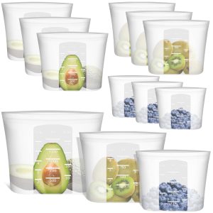 100% Silicone Reusable Storage Bag, 9 Pack Stand-Up Wide-Mouth Zip-Lock Food Storage Bags, Easy-Fill Easy-Open Easy-Clean Space-Saving, Microwave & Dishwasher Safe, 3 M/3 S/3 XS, Translucent