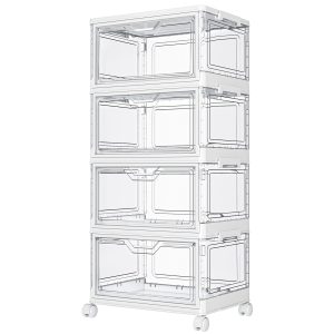Kmiectse Clear Storage Bins with Lids - 4 Tier 23qt Plastic Stackable Bins | Closet Organizers Box for Bedroom, Living Room, 23 QT Folding Box with Magnetic door