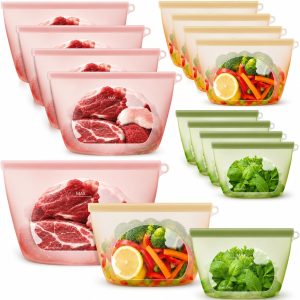 100% Reusable Silicone Bags for Food Storage, 12 Pack Double-Lock Reusable Bags Stand-Up Wide-Mouth Leakproof for Soup, Sous Vide, Freezer Microwave Dishwasher Safe, 4 Half Gallon 4 Sandwich 4 Snack