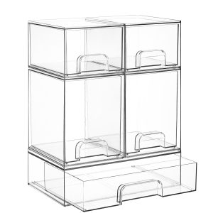 Vtopmart Clear Stackable Storage Drawers Set of 5, Plastic Organizer Bins | Multi-purpose Boxes for Baby Bottle Storage, Ideal for Kichen, Vanity, Bathroom, Undersink, Cabinet, Pantry Organization