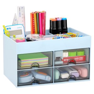 LETURE Office Desktop Organizer with Drawer, Stationary Organizer Desk Caddy, Pen/Pencil/Business Card/Sticky Note Tray/Paperclip Holder Storage Box (Blue)