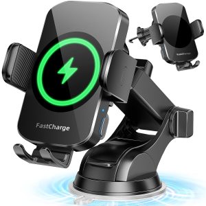 3-in-1 Wireless Car Charger Mount, 15W Fast Charging Auto-Clamping Phone Holder for iPhone 17 16 15 14, Samsung Galaxy S24 S23, Dashboard, Vent & Windshield Car Mount(Black)