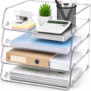 Clear Acrylic Paper Tray, 4 Tier Paper Organizer for Desk | Clear 4-tier organizer for files, folders & documents. Keeps desks tidy with easy-access vertical storage for office or home.