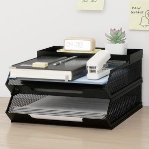 Natwind 2-Tier Stackable Metal Mesh Paper Organizer with Sliding Tray,Black | Desk Organizer for Office Supplies, Letter Tray For Desktop,File Holder For Home School Classroom Organization