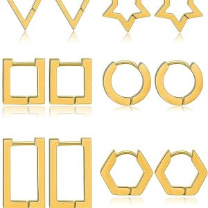 6 Pairs Minimalist Hoop Earrings Stainless Steel Small Dainty Geometric Square Triangle Star Rectangle Huggies Earrings for Women Ladies Gold Silver Black Tone