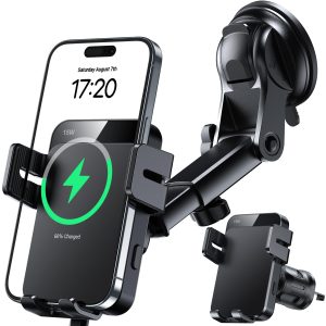 Wireless Car Charger 15W Auto Clamping Phone Holder Dash Windshield Vent | Car Charger Compatible with iPhone 17 16 15 14/13/13 Pro/12 pro/12/11/X/8, Samsung S24/S23/S22