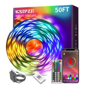 KSIPZE Led Lights for Bedroom 50ft Led Strip Lights with Remote App Control | RGB Color Changing Music Sync for Room Bedroom Lighting Flexible Home Décor