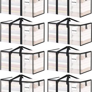 8 Pack Extra Large Clothes Storage Bins with Lids, Moving Bags, Clear | Storage Bags with Reinforced Handles & Heavy-Duty Zippers, Moving Boxes Totes for Clothes Packing, Dorms, College Supplies