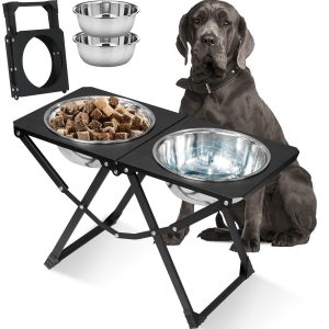 Foldable Elevated Dog Bowl Holder with 2 Large 111oz Stainless Steel Bowls, 14.5" Tall Raised Dog Bowl Stand for Large/Extra Large Breeds, Indoor and Outdoor Use