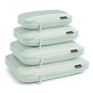 4 Piece Compression Packing Cubes for 3–7 Day Travel, Light Green | Wrinkle-Resistant Memory Fabric, Breathable Mesh Panel, Double-Zipper, Small to Large Size Bag, Smart Organization