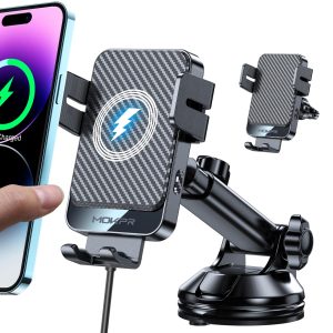 Wireless Car Charger 15W Fast Charging Dash Windshield Vent Car Mount | Auto-Clamping Universal Hands-Free Car Charger Compatible with iPhone 17/16 15/14/13/12, Samsung S24 S23/S22/S21,etc