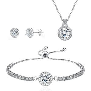 S925 Silver Earnail, Stainless Steel Necklace, Adjustable Bolo Bracelet, Cubic Zirconia Jewelry Set, Women 3-Piece Matching Set Jewelry Gift