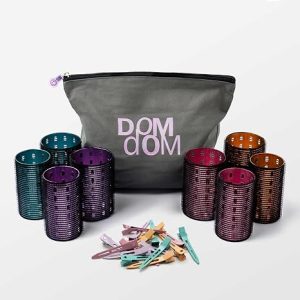 Dom Dom Metal Hair Rollers, Heatless Volume Set, 2 Sizes, Clips & Bag | 4 medium & 4 large rollers, 16 metal clips, canvas travel bag, velcro grip, maximum volume & bounce, mid-length to long hair