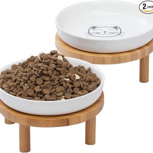 Lusifaco Shallow Wide Elevated Cat Bowls Whisker Fatigue (White, Set of 2) | 5.9 Inch 2 Height Raised Ceramic Cat Dishes with Bamboo Stand, Flat Pet Water Food Plates Feeding Station for Indoor Kitten
