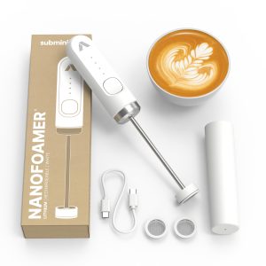 Subminimal NanoFoamer Milk Foamer - Rechargeable Handheld Frother - White | Waterproof foamer , microfoamed milk in 30 seconds, barista-style coffee drinks at home