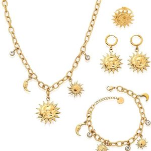 Ideal Party Gift Jewelry Set for Women, 18K Gold Plated Stainless Steel Sun Moon Pendant Necklace Bracelet Hoop Earrings Ring Kit, Hypoallergenic Statement Stackable Accessories for Birthday Wedding Anniversary Holiday