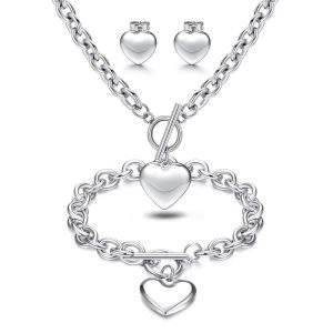 Heart Pendant Necklace Toggle Chain Heart Bracelet Heart Stud Earrings | 3Sets Stainless Steel Charm Love Heart Jewelry Set for Women for Halloween