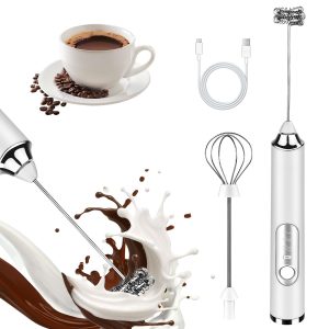 Handheld Milk Frother, Rechargeable Milk Frother, Coffee Mixer Wand, White | Electric Drink Mixer with 2 Stainless Steel Whisks 3 Speeds, Frother Wand for Latte, Cappuccino, Matcha, Hot Chocolate, Egg