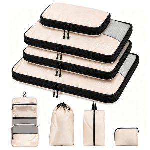 8-Piece Compression Packing Cubes for Travel, Luggage Organizer Sets | Ultralight Aesthetic Packing Cubes with Space Save & Double Zipper for Carry-On & Suitcase, Travel Essentials- Beige