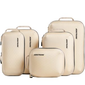 Aerotrunk Ultralight Compression Packing Cubes for Travel, 6-Pack, Beige | Pack 2x more clothes, Maximize luggage space, YKK Compression zippers, Stay organized, Ultralight travel organizer bags