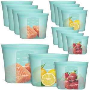 Reusable Food Bags, 12 Pack 100% Silicone Food Storage Bags Stand Up Zip Lock Container, Freezer Microwave Oven Dishwasher Safe, 4 Medium 4 Small 4 Extra Small, Aqua