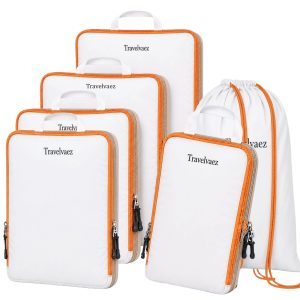 6 Set Large Compression Packing Cubes for travel. | Durable, Expandable and Lightweight Packing Cubes for Travel Compression with Laundry bag, White
