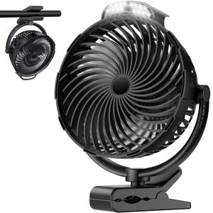 8-Inch Rechargeable Clip on Fan, 10000mAh Portable Camping Fan with LED Light, 9-Speed Ultra Quiet Airflow, 30H Runtime, 360° Rotating Desk Fan for Golf Cart, Bedroom, Office, Dorm, Black