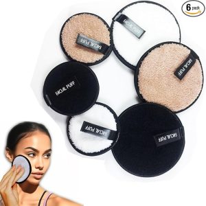 Reusable Makeup Remover Pads, Facial Make Up Removal Wipes, Washable Face Cleaning Cloths, Soft Makeup Remover Rounds, Hypoallergenic for Mascara, Eye Shadow, Lipstick, Foundation -6 PCS