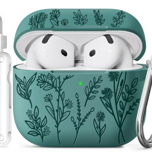 for Airpods 4 Case, Ekoonpft Flower Engraved Soft Silicone Case Cover | with Cleaner & Keychain, Design for Cute Girly & Stylish Women Men's iPods 4 Accessories - Shockproof, Scratch&Dust Resistant