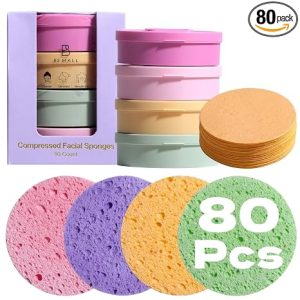 Compressed Facial Sponges 80 Count Face Cleansing Pads for Deep Cleansing | Gentle Exfoliating Sponges for Makeup Removal Dead Skin Removal Travel-Friendly