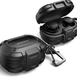 Dexnor for Bose QuietComfort Earbuds Protective Case with Drop-Proof Lock, Shockproof Rugged Bumper Cover with Carabiner & Keyring for Bose QuietComfort Earbuds 2024 Black（Charger not Included）