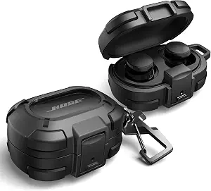 Dexnor for Bose QuietComfort Earbuds Protective Case with Drop-Proof Lock, Shockproof Rugged Bumper Cover with Carabiner & Keyring for Bose QuietComfort Earbuds 2024 Black（Charger not Included）