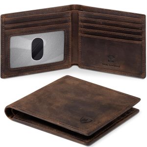 RUNBOX Wallet for Men|Slim Bifold Rfid Blocking Leather Wallet|Front Pocket | Genuine Leather,Handmade,8 Card Slots,ID Window,Money Pocket,Coin Pocket, Gift for Men,Minimalist Compact