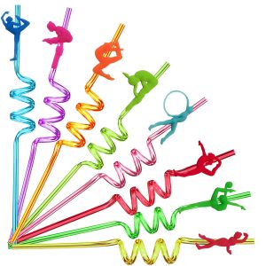 24pcs Gymnastics Party Favors, Reusable Disco Dance Party Straws Set | 24pcs gymnastics party favors and party straws with 8 designs, dance decor, disco party decorations, and 2 cleaning brushes.