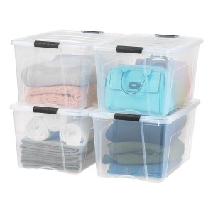 IRIS USA 4-Pack 72 Quart Storage Bins with Lids, Clear | Transparent design makes contents easy to find. Perfect for moving, blankets, clothing, and garage storage. Nestable design