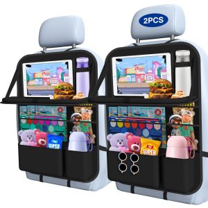 Car Backseat Organizer with Table Tray(2-Pack) 9 Storage Pockets Backseat Car Organizer and storage with Tablet Holder, Kick Mats Back Seat Cover for Kids family Road Trip Essentials Travel | 600d Oxford Fabric, Waterproof & Easy-Clean, Foldable Tray Stows Away, Adjustable Straps Fit Car Seats, Multi-Size Pockets