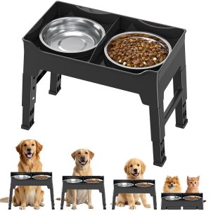 CZPET Elevated Dog Bowls, Splash Guard 4-Height Adjustable, Stainless Bowls | Mess Proof, Raised Stand with Two 2L Stainless Steel Bowls, Lifted Food Water Feeder for Small, Medium & Large Dogs