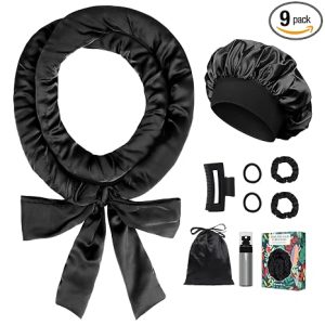 Gwabee Satin Heatless Curls Overnight Hair Curlers to Sleep In Hair Curler Rollers No Heat Hair Wrap for Curls Headband, 70" Satin Heatless Curling Rod Set for Women Long Waves Hair Volume -Black 9PCS
