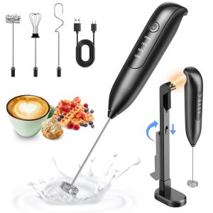 Electric Milk Frother: LED&Wireless Charging, 3 Heads 3 Speeds | Coffee Handheld Frother With 1800mAh 6-Hour Battery - Magnetic Wireless Charging Stand, 3-Speed For Latte - No Dead Battery