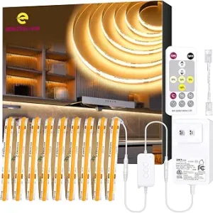 EMITEVER Warm White COB Strip Light Kit 3000K,16.4ft 1600LEDs,24V Dimmable | CRI 90+,ETL 48W power supply & RF Controller included,UL listed Strip for living room,kitchen,under cabinet & shelving