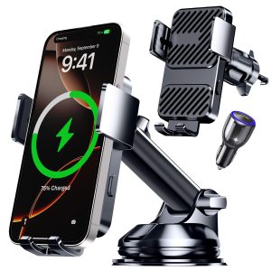 3 in 1 Wireless Car Charger, Phone Holders for Your Car 15W Fast Charging Auto Clamping, Car Phone Mount for iPhone 17 16 15 14 13 Mini Pro Max XR, Samsung Galaxy S25 Ultra S24 S23 S22 S21