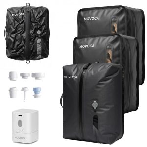 MOVOCA 3 Pack Vacuum Bags for Travel with Pump, Compression Packing Cubes | Powerful Electric Pump, 2×24L and 1×18L Carry-On Suitcase & Backpack Sizes, Durable 70D Textured Nylon, IP67 Waterproof