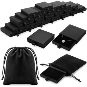 36 Pack Small Jewelry Gift Boxes Bulk 3.5x3.5x0.67 Inch,Black | Cardboard Drawer Boxes with Velvet Drawstring Bags for Small Businesses for Necklace Earring Bracelet Storage, Party Favors