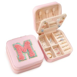 SANDJEST Personalized Jewelry Box, Pink Travel Jewelry Box with Initial M, Small Monogrammed Jewelry Case Organizer for Girls Women Teen Kids, Mini Travel Essentials Gifts for Birthday Christmas